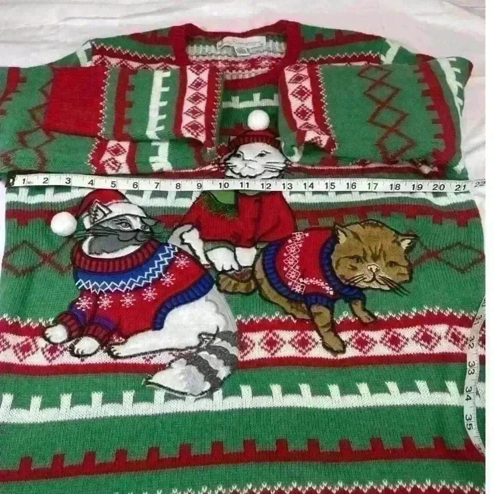 Jolly Ugly christmas embroidered Cat sweater Women’s Large Green Red Color - Picture 5 of 7